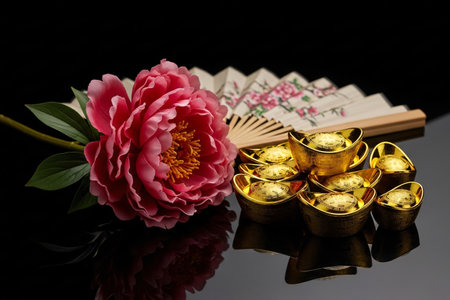 Luxury oriental ornamentation against a dramatic black background emphasizes the metallic gleam of the gold bars.の素材