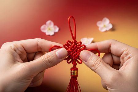 Making a lucky ornamental knot symbolizing happiness reunion is part of the important ceremony for the new year.の素材