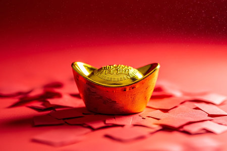 Gold ingot surrounded by red confetti and bokeh focuses tightly on the metallic sheen symbolizing prosperity.の素材