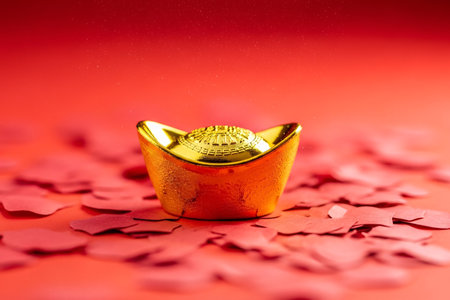 Yuanbao symbolizing wealth for Chinese New Year rests amidst the vibrant red and gold celebration dust.の素材
