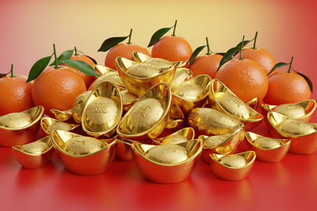 Clean composition of oriental wealth on a gradient background combines the vibrant colors of the festive season.の素材