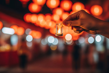 Oriental tradition hand holding a glowing celebration lamp is visible against the vibrant red market background.の素材