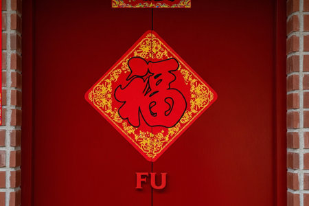 Hanging Fu character on a traditional Chinese door entrance is prominently displayed against a textured red brick wall.の素材