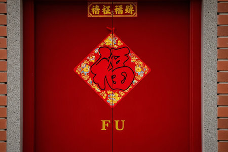 Lucky happiness ritual ornament hanging on a door marks the start of the seasonal Chinese New Year celebration.の素材