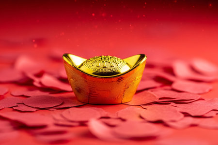 Macro detail of shining gold against vibrant red dust creates a dramatic high contrast commercial composition.の素材
