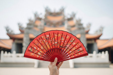 Hand holding a Chinese fan against a traditional temple view captures the elegance of the oriental cultural accessory.の素材