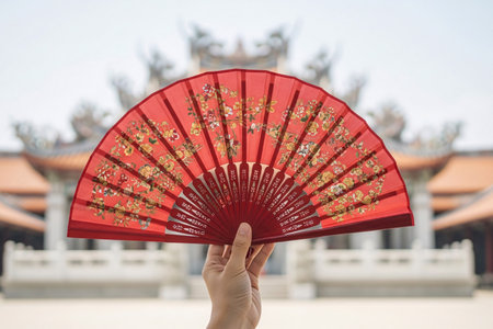 Lunar New Year accessory with a blurred temple background emphasizes the sharp focus on the detailed folding fan.の素材