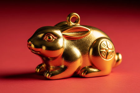 Chinese horoscope rabbit ornament for seasonal decorating is captured with lighting to maximize its golden sheen.の素材