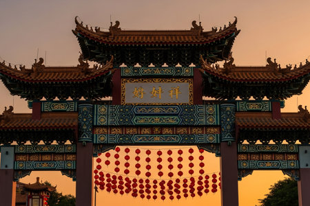 Lunar New Year celebration lanterns at the Chinatown archway are visible against the soft, warm gradient sky.の素材