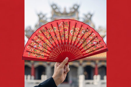 Red gold patterned fan detail in an oriental setting highlights the intricate design and ceremonial use of the accessory.の素材