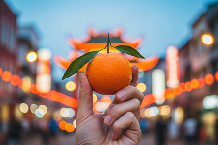 Hand holding a mandarin orange against Chinatown street blur captures the traditional fruit of prosperity and fortune.の素材