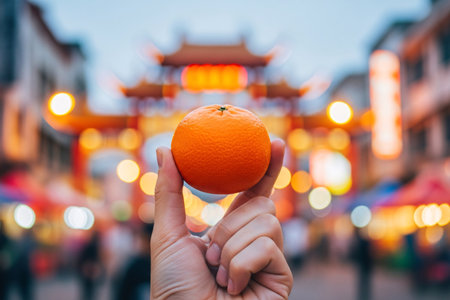 Lunar New Year prosperity fruit with vibrant street bokeh highlights the warm, atmospheric lights of the festive district.の素材