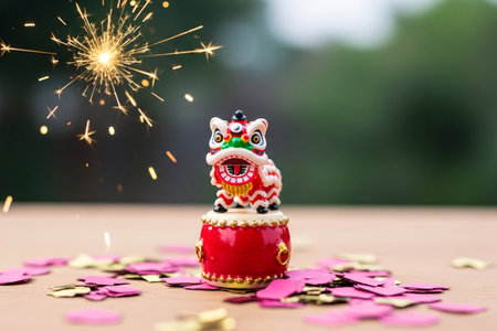 Commercial miniature lion dance for seasonal greeting card emphasizes the detail and high contrast colors.の素材