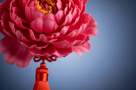 Traditional peony flower and red tassel navy background creates a strong color contrast for festive visual impact.の素材