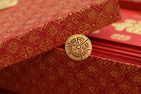 Close up of gold ornament on traditional red packaging highlights the intricate detail and glossy texture.の素材