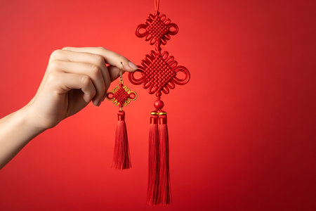 Hand wearing a traditional accessory is positioned near an oriental knot symbolizing good luck and happiness.の素材