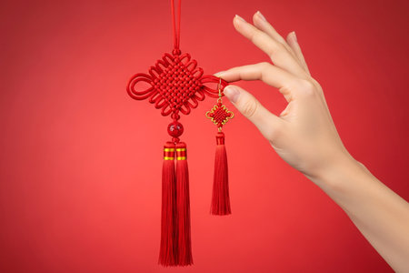 Lunar New Year fashion tassel accessory is elegantly captured with the ornamental Chinese knot decoration.の素材