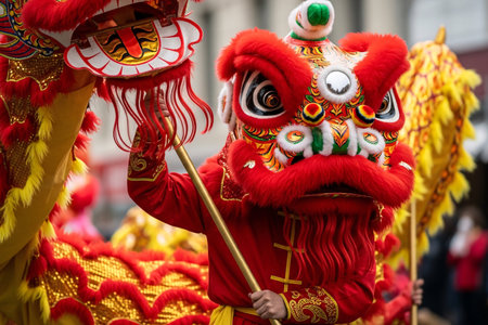 Dragon Dance Parade performer captured mid movement showcasing the vibrant gold and red costume detail during the Chinese Lunar New Year ceremony a festive cultural ritual.の素材