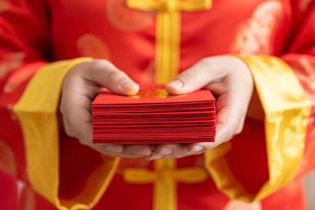 Hands holding a stack of vibrant red money packets or envelopes with a silk costume sleeve a traditional Chinese New Year greeting and seasonal ritual.の素材