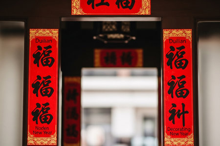 Calligraphy couplets on red paper decorating a door frame an eastern seasonal greeting symbol of fortune and family celebration.の素材