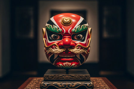 Ornamental mask with intricate carving and texture on a pedestal a high detail cultural artifact for Chinese New Year celebration.の素材