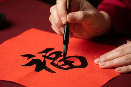 Oriental calligraphy ritual showing the moment of writing the Fortune character using a brush and ink on ceremonial red paper.の素材