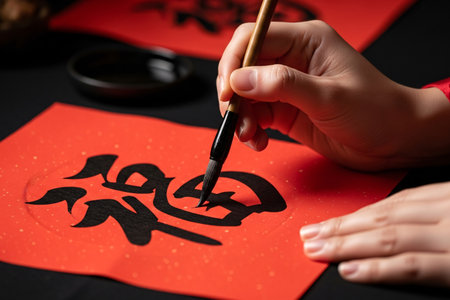 Chinese New Year calligraphy tradition with hands writing the character Fortune on red paper a cultural ritual for good luck and celebration.の素材