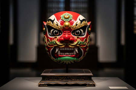 Dragon style mythical mask displayed on an ornate pedestal a symbol of eastern ritual tradition and ceremonial cultural art.の素材