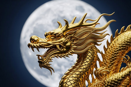 Mythical gold dragon artistic rendering with high detail positioned in front of a blurred full moon representing eastern horoscope art.の素材