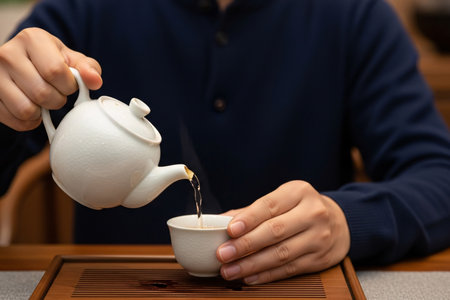 Chinese tea ceremony ritual with hands gently pouring hot tea from a traditional oriental teapot into a delicate cup on a wooden table.の素材