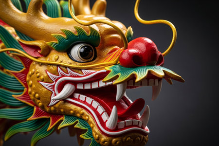 Chinese New Year dragon head a mythical and ornamental symbol with dramatic lighting to enhance the intricate scales and decorative details.の素材