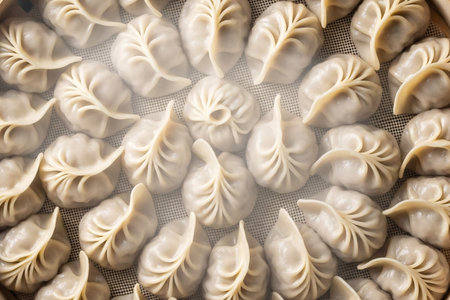 Traditional Chinese dumplings arranged for a banquet a high detail overhead photo emphasizing the delicate wrappers and steam for a family reunion.の素材