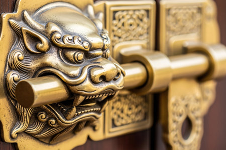 Chinese cultural door latch featuring a fierce dragon ornament a heavy traditional element with sharp focus on the metallic gold and bronze details.の素材