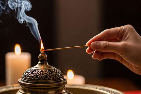 Lunar ritual with a hand lighting incense over a bronze censer captured in low-key soft light emphasizing the spiritual and cultural tradition.の素材