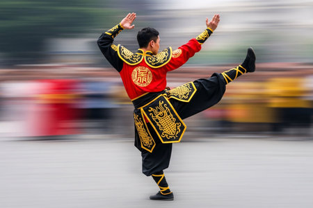 Traditional costume performer in a dynamic acrobatic or martial arts pose sharp focus on the person against a soft motion blurred parade setting.の素材
