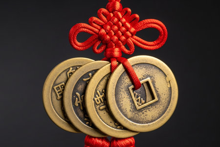 Traditional lucky coins with a square hole tied together with a red tassel and knot a high detail close up of the metal texture and vibrant silk.の素材