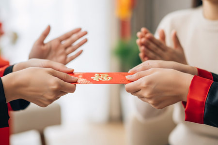 Chinese New Year money packet cultural exchange between hands a high detail photo of the traditional greeting and ritual in a festive setting.の素材