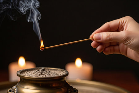 Eastern ceremony featuring a hand holding lit incense an act of bless and tradition with a soft glowing atmospheric background bokeh.の素材