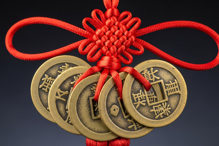 Gold coin arrangement tied with a red tassel and knot a traditional lucky charm showcasing the metallic texture and vibrant red silk.の素材