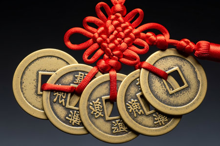 Fortune cultural element featuring traditional lucky coins and a red knot captured with sharp focus against a dark simple background bokeh.の素材