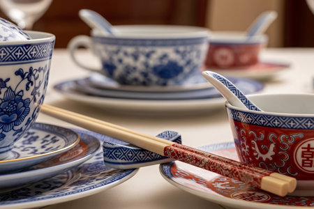 Oriental porcelain dinnerware featuring beautiful red and gold patterns with finely crafted chopsticks a close up of the cultural tradition.の素材