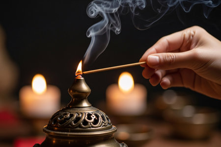 Incense being lit by a hand over a censer emphasizing the smoke trail and the careful posture a moment of oriental tradition and lunar ritual.の素材