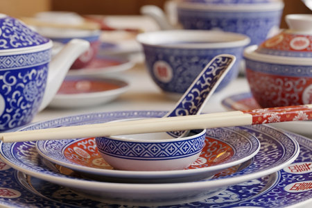 High detail oriental dinnerware and chopsticks on a wooden table a clean composition suitable for illustrating a family reunion or banquet.の素材