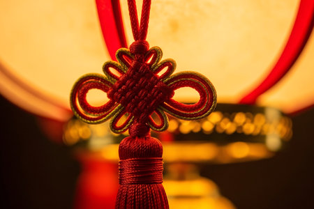 Close up of an ornamental knot and fine silk tassel hanging from a lantern base showcasing the texture and flawlessness of the cultural tradition.の素材