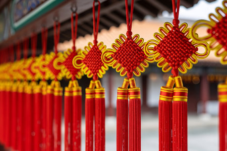 Eastern traditional knot and tassel decorations hanging from a pavilion structure a high detail focus on the gold accents and silk texture.の素材