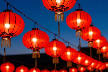 Chinese New Year lamps with red paper texture hanging and glowing in the evening light a high detail photo suitable for commercial use.の素材