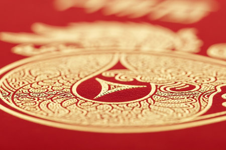 Red packet ornamental texture macro detail focusing on the intricate gold embossed pattern of a money envelope for fortune.の素材