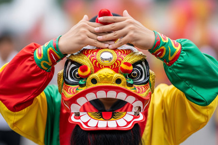 Vibrant mythical mask held by a performer during an acrobatic parade ceremony focusing sharply on the mask's texture and the silk costume.の素材