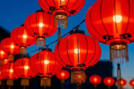 Glowing red paper lanterns creating a festive night event atmosphere a beautiful seasonal decorating element for the Chinese New Year.の素材