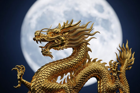 Golden dragon statue showcasing highly detailed ornamental scales set against a dark lunar full moon background for a Chinese New Year celebration.の素材